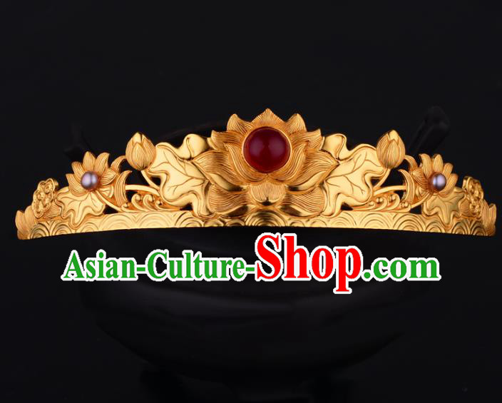China Ancient Empress Ruby Hairpin Handmade Traditional Ming Dynasty Golden Lotus Hair Crown