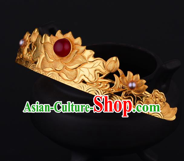 China Ancient Empress Ruby Hairpin Handmade Traditional Ming Dynasty Golden Lotus Hair Crown