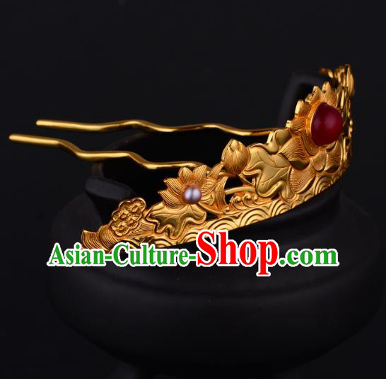 China Ancient Empress Ruby Hairpin Handmade Traditional Ming Dynasty Golden Lotus Hair Crown