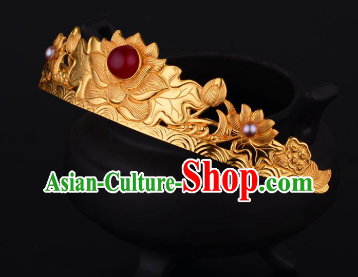 China Ancient Empress Ruby Hairpin Handmade Traditional Ming Dynasty Golden Lotus Hair Crown