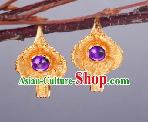 Chinese Traditional Ming Dynasty Golden Peony Earrings Ancient Empress Amethyst Ear Accessories