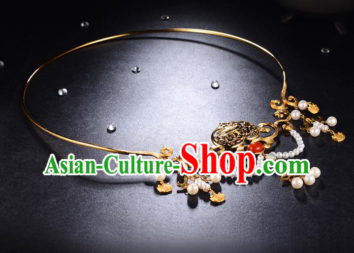 Chinese Ancient Palace Lady Pearls Necklace Traditional Ming Dynasty Golden Peach Necklet Jewelry