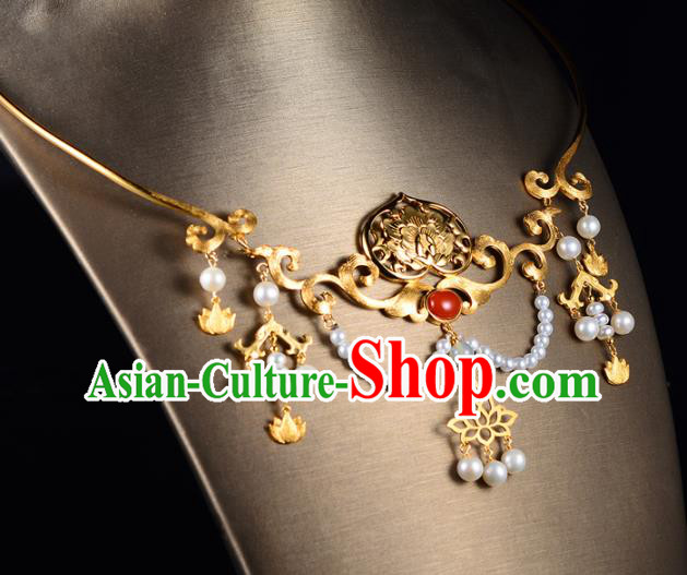 Chinese Ancient Palace Lady Pearls Necklace Traditional Ming Dynasty Golden Peach Necklet Jewelry
