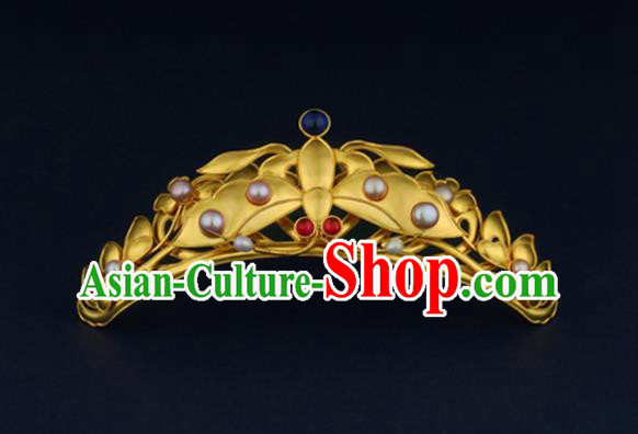 China Ancient Queen Pearls Hairpin Handmade Traditional Ming Dynasty Golden Butterfly Hair Crown
