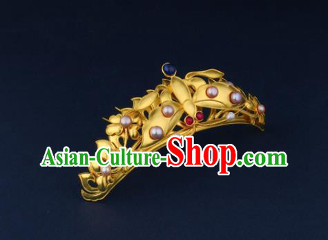China Ancient Queen Pearls Hairpin Handmade Traditional Ming Dynasty Golden Butterfly Hair Crown
