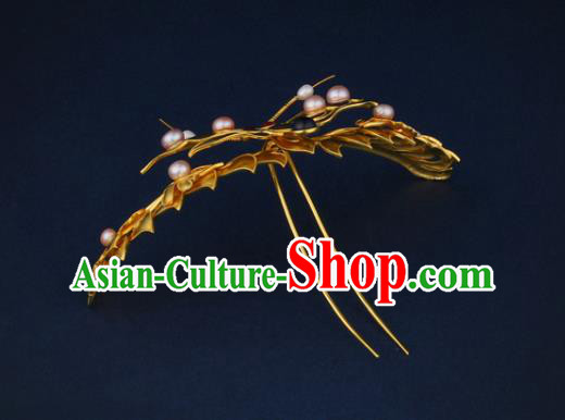 China Ancient Queen Pearls Hairpin Handmade Traditional Ming Dynasty Golden Butterfly Hair Crown
