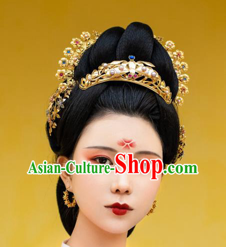China Ancient Queen Pearls Hairpin Handmade Traditional Ming Dynasty Golden Butterfly Hair Crown