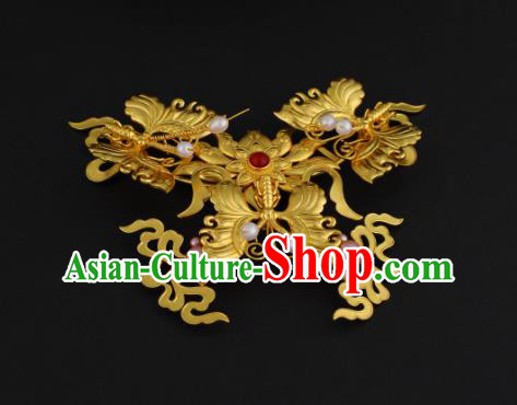 China Ancient Royal Empress Pearls Hairpin Handmade Traditional Ming Dynasty Golden Butterfly Hair Crown