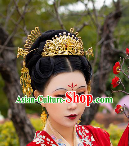 China Ancient Court Empress Agate Pearls Hairpin Handmade Traditional Ming Dynasty Golden Hair Crown