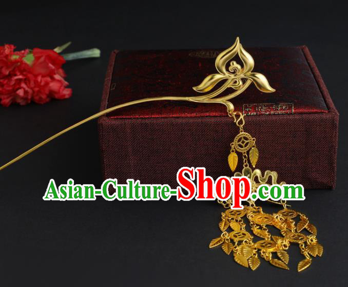 China Ancient Palace Princess Hairpin Handmade Traditional Ming Dynasty Golden Orchid Tassel Hair Stick
