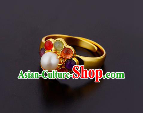 Handmade Chinese Ming Dynasty Court Gems Ring Accessories Traditional Hanfu Golden Circlet Jewelry