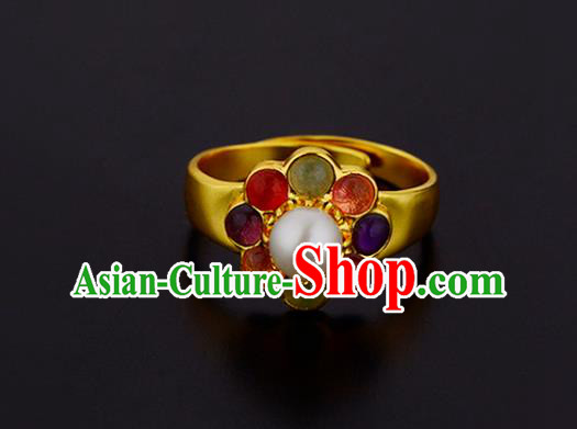 Handmade Chinese Ming Dynasty Court Gems Ring Accessories Traditional Hanfu Golden Circlet Jewelry