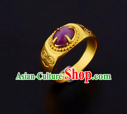 Handmade Chinese Traditional Hanfu Golden Circlet Jewelry Ming Dynasty Court Amethyst Ring Accessories