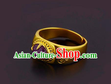 Handmade Chinese Traditional Hanfu Golden Circlet Jewelry Ming Dynasty Court Amethyst Ring Accessories