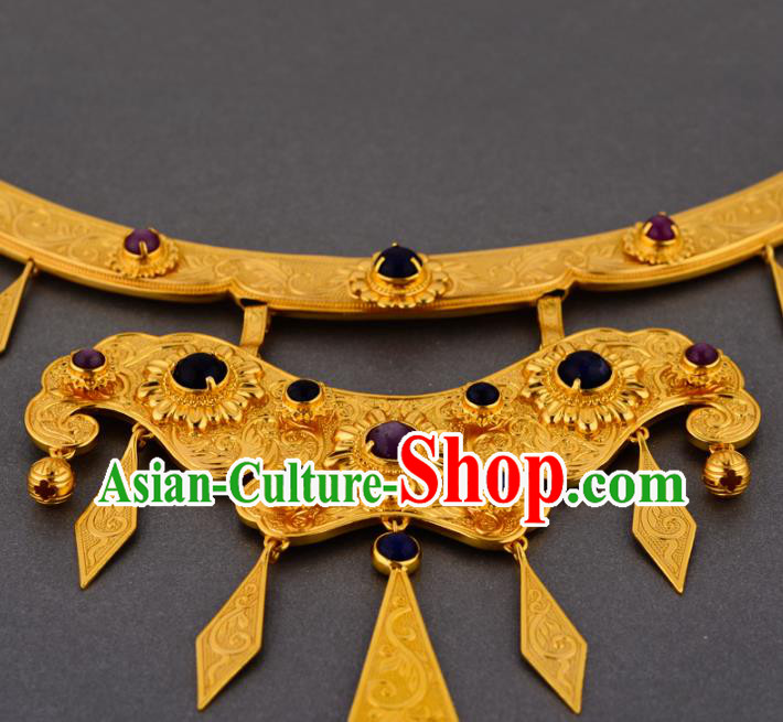 Handmade Chinese Traditional Hanfu Golden Necklet Jewelry Sui Dynasty Princess Gems Necklace Accessories