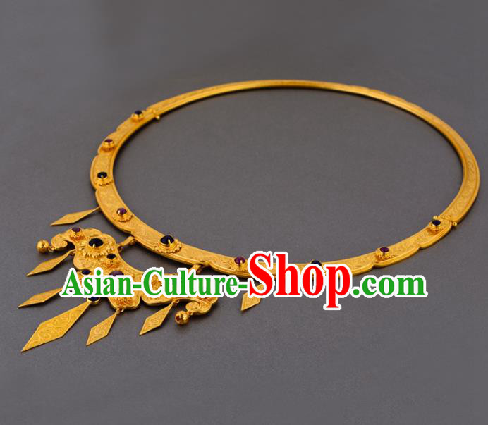 Handmade Chinese Traditional Hanfu Golden Necklet Jewelry Sui Dynasty Princess Gems Necklace Accessories