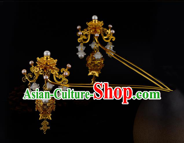 China Ancient Empress Pearls Tassel Hairpin Handmade Traditional Ming Dynasty Palace Lantern Hair Stick