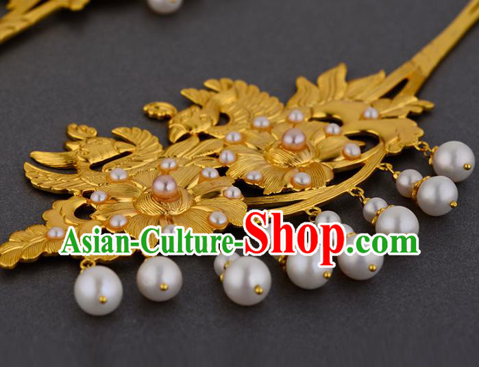 China Ancient Noble Lady Pearls Hairpin Handmade Traditional Ming Dynasty Empress Golden Hair Stick