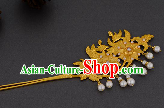 China Ancient Noble Lady Pearls Hairpin Handmade Traditional Ming Dynasty Empress Golden Hair Stick