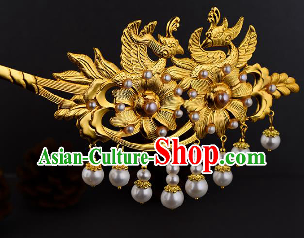 China Ancient Noble Lady Pearls Hairpin Handmade Traditional Ming Dynasty Empress Golden Hair Stick