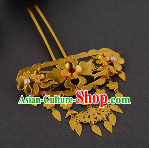 China Ancient Queen Hairpin Handmade Traditional Ming Dynasty Empress Golden Peony Tassel Hair Stick