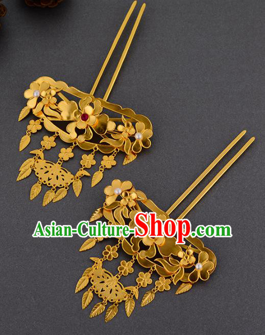 China Ancient Queen Hairpin Handmade Traditional Ming Dynasty Empress Golden Peony Tassel Hair Stick