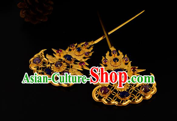 China Ancient Empress Gems Hairpin Handmade Traditional Ming Dynasty Golden Hair Stick
