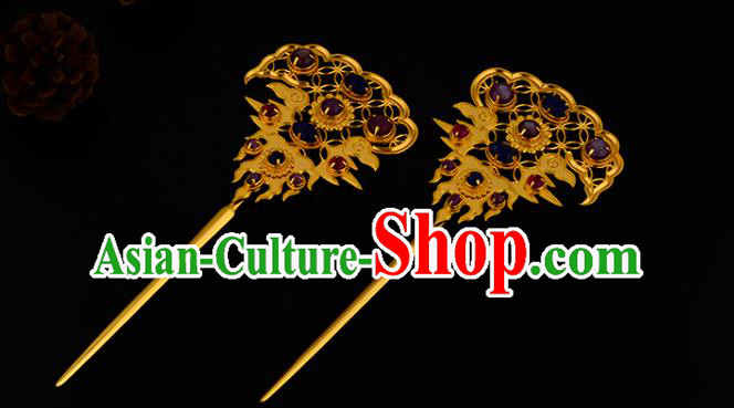 China Ancient Empress Gems Hairpin Handmade Traditional Ming Dynasty Golden Hair Stick