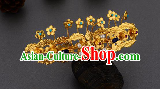 China Ancient Court Woman Hairpin Handmade Traditional Ming Dynasty Golden Plum Hair Crown