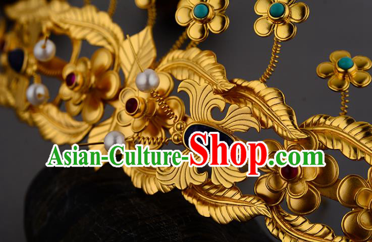 China Ancient Court Woman Hairpin Handmade Traditional Ming Dynasty Golden Plum Hair Crown