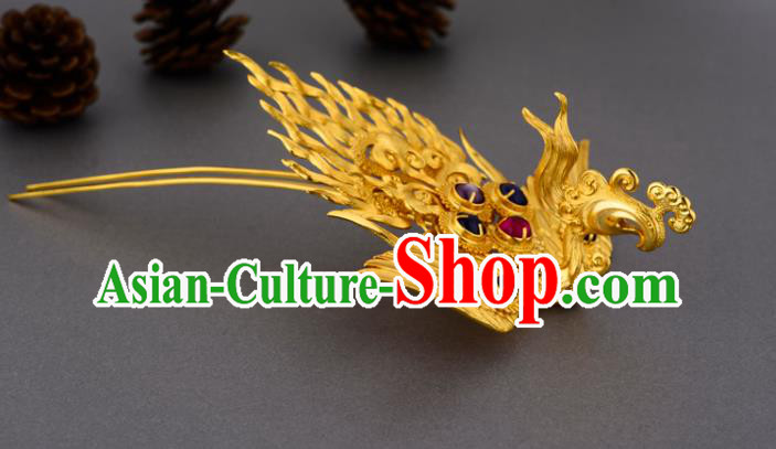 China Ancient Court Empress Gems Hairpin Handmade Traditional Ming Dynasty Golden Phoenix Hair Crown