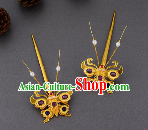 China Ancient Court Lady Ruby Hairpin Handmade Traditional Ming Dynasty Empress Golden Butterfly Hair Stick