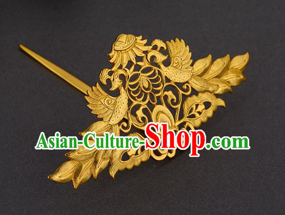 China Ancient Court Woman Hairpin Handmade Traditional Tang Dynasty Empress Golden Phoenix Hair Crown