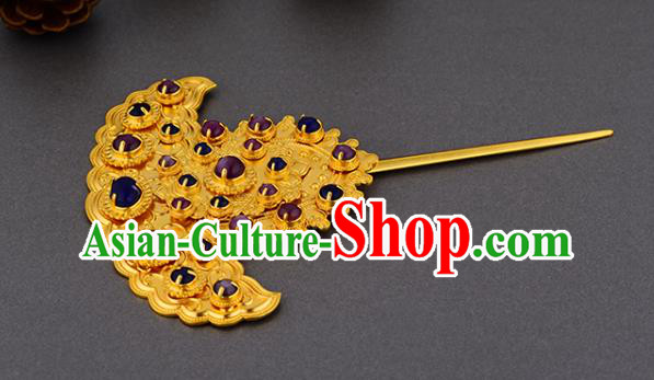 China Ancient Noble Mistress Golden Hairpin Handmade Traditional Ming Dynasty Empress Gems Hair Stick