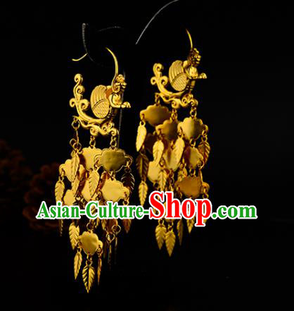 Chinese Traditional Hanfu Earrings Ancient Queen Golden Leaf Tassel Ear Accessories