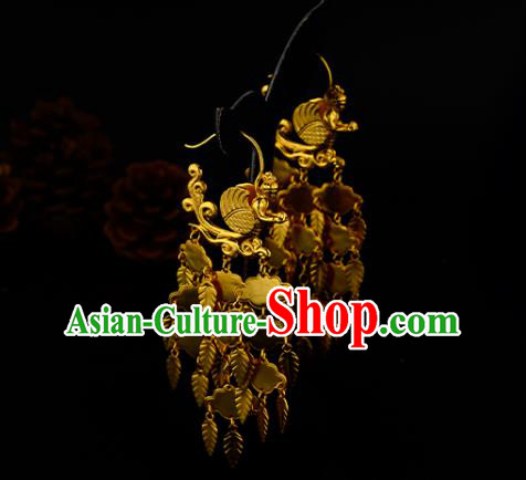 Chinese Traditional Hanfu Earrings Ancient Queen Golden Leaf Tassel Ear Accessories