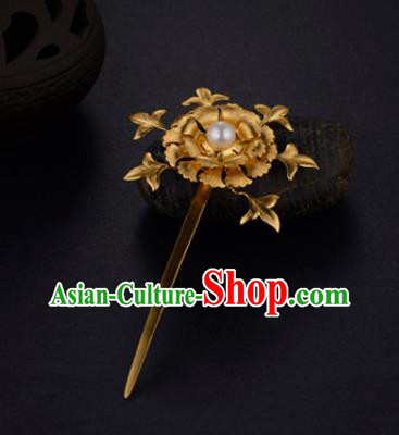 China Ancient Empress Pearl Hairpin Handmade Traditional Ming Dynasty Court Golden Peony Hair Stick