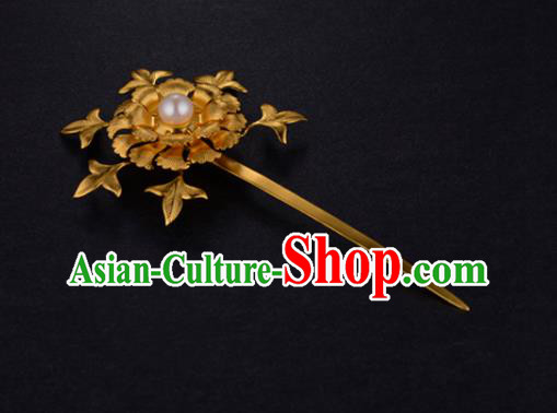 China Ancient Empress Pearl Hairpin Handmade Traditional Ming Dynasty Court Golden Peony Hair Stick
