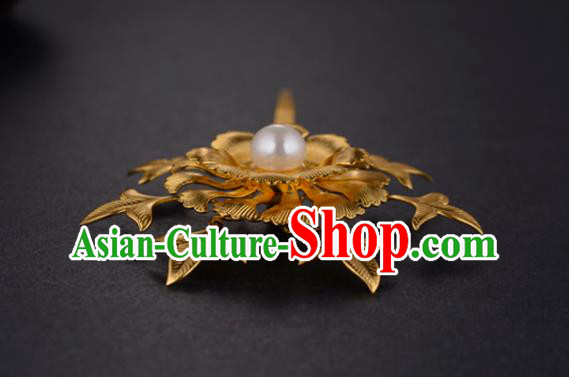 China Ancient Empress Pearl Hairpin Handmade Traditional Ming Dynasty Court Golden Peony Hair Stick