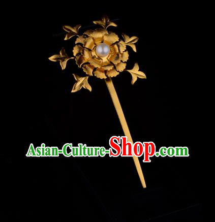 China Ancient Empress Pearl Hairpin Handmade Traditional Ming Dynasty Court Golden Peony Hair Stick