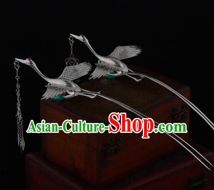 China Ancient Princess Hairpin Handmade Traditional Ming Dynasty Silver Crane Tassel Hair Stick