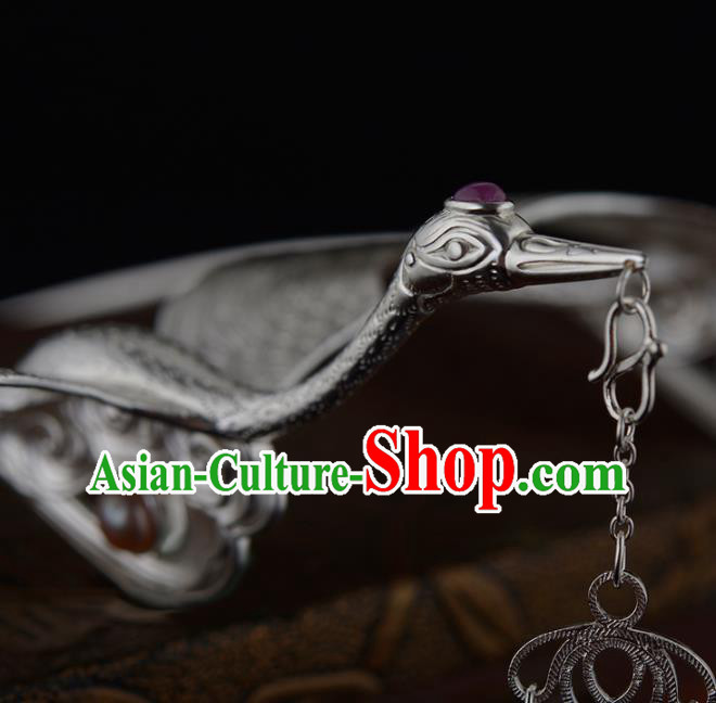 China Ancient Princess Hairpin Handmade Traditional Ming Dynasty Silver Crane Tassel Hair Stick