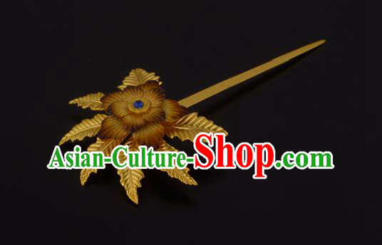 China Ancient Princess Golden Leaf Hairpin Handmade Traditional Ming Dynasty Palace Lady Hair Stick