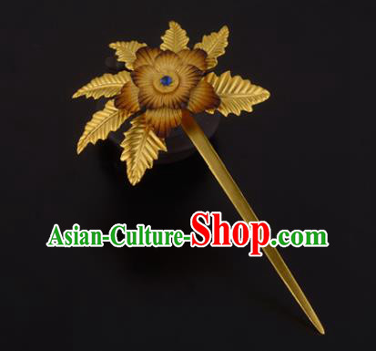 China Ancient Princess Golden Leaf Hairpin Handmade Traditional Ming Dynasty Palace Lady Hair Stick