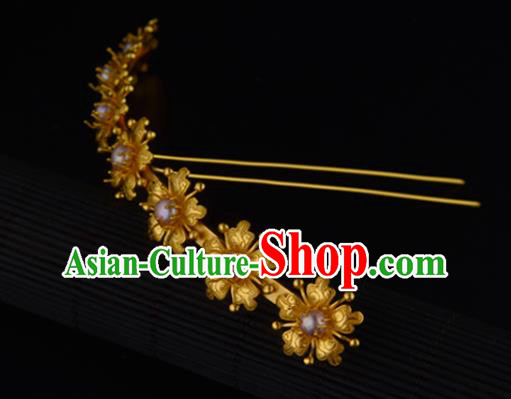 China Ancient Princess Golden Hairpin Handmade Traditional Ming Dynasty Pearls Hair Crown