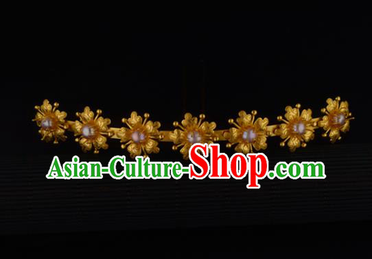 China Ancient Princess Golden Hairpin Handmade Traditional Song Dynasty Pearls Hair Crown