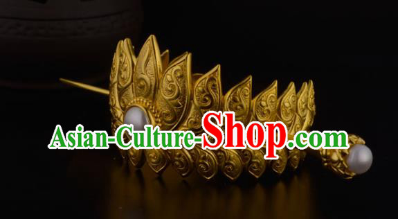 China Ancient Nobility Childe Hairpin Handmade Traditional Ming Dynasty Prince Golden Lotus Hairdo Crown