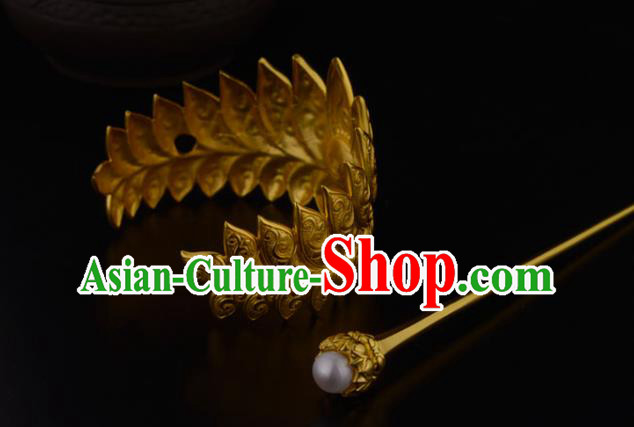 China Ancient Nobility Childe Hairpin Handmade Traditional Ming Dynasty Prince Golden Lotus Hairdo Crown