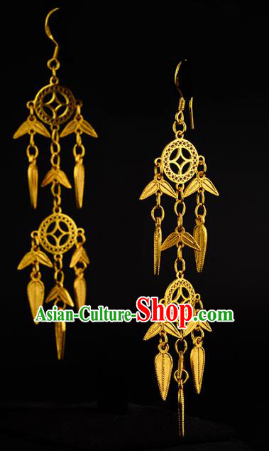 Chinese Traditional Ming Dynasty Tassel Earrings Ancient Court Woman Golden Coins Ear Accessories