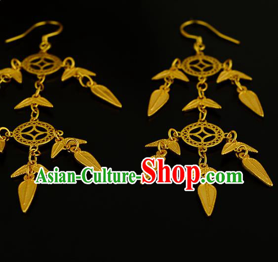 Chinese Traditional Ming Dynasty Tassel Earrings Ancient Court Woman Golden Coins Ear Accessories